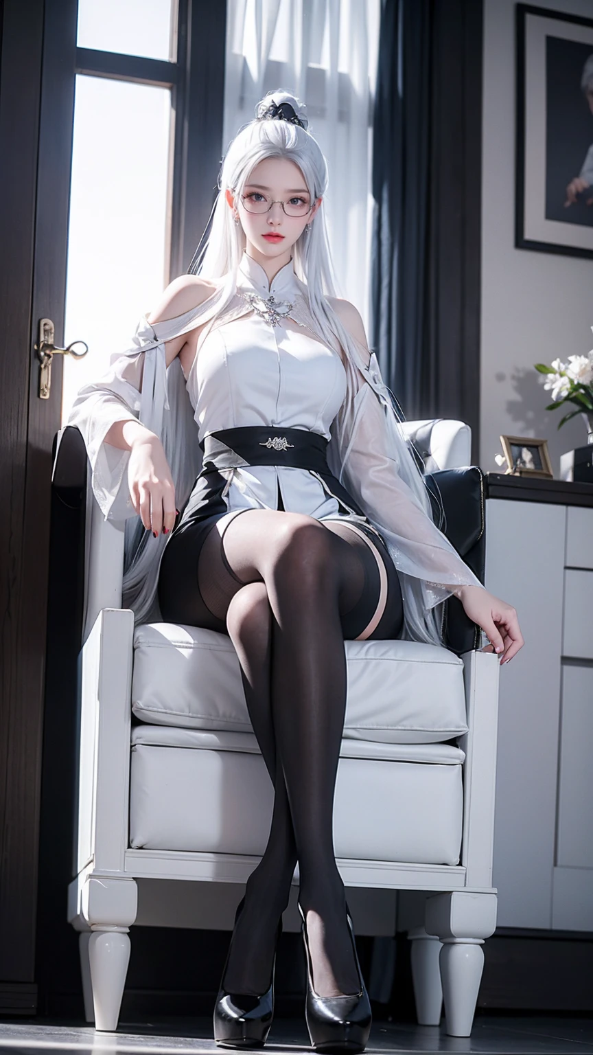 (1 Korean celebrities with royal sister style), ((best quality, 8k, masterpiece: 1.3)), focus: 1.2, perfect body proportions: 1.4, (Smile), （Ray tracing）,big watery eyes, Highly detailed facial and skin textures, beautiful eyes, double eyelids, whiten skin, (long white hair, air bangs: 1.3), (round face: 1.5), (student: 1.4), (Now the sunset is blue sky and white clouds 1.6),(black stockings: 1.4),(academic style:1.4)