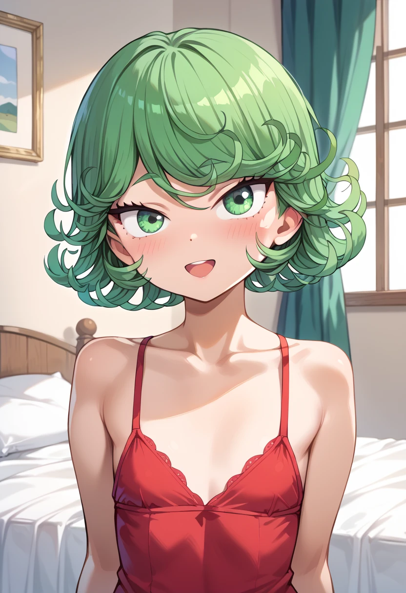 (high res, 8K, masterpiece, looking at viewer, best quality, very aesthetic, ultra detailed, ultra background, ultra Eyes), intricate details, 1girl, Tatsumaki, Black Bikini, Green Hair, Green Eyes, Perverted Face, Cheeks Flushed, Smile Face, lying on the bed, Background Bedroom, Home, Cinematic Angle