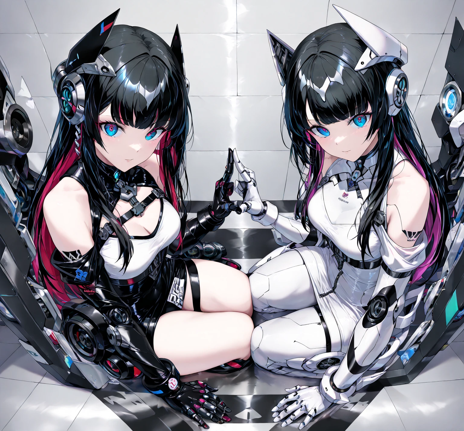 (masutepiece:1.4), (Best Quality:1.3),(Beautiful detailed eyes:1.2), (of the highest quality:1.5),(High resolution:1.5),Best Quality,Ultra-detailed,(2girls:1.3),Dark skin,(Yuri:0.8),pov,Selfie,Dutch Angle,from adove,Beautiful lighting,BREAK,(Beautiful detailed eyes:1.2),(of the highest quality:1.2),(High resolution:1.2), face,oppai lolirk-skinned girl and white-skinned girl:1.3),Yellow hair,Pink hair,(Green eyes:0.5),Red Eyes,(Blue eyes:0.3),BREAK,Happy,Oil,Purple hair,Machine Girls,Mechanical Girl,Blurry background,Science fiction,(grin:0.3),Battle Girls,cyberpunked,Mechanical,cyborgs,Robot Girl,metalic,Happy,Machine, Isometric view, Camel toe,cyberpunked,city,Outdoors,Cityscape,neons,