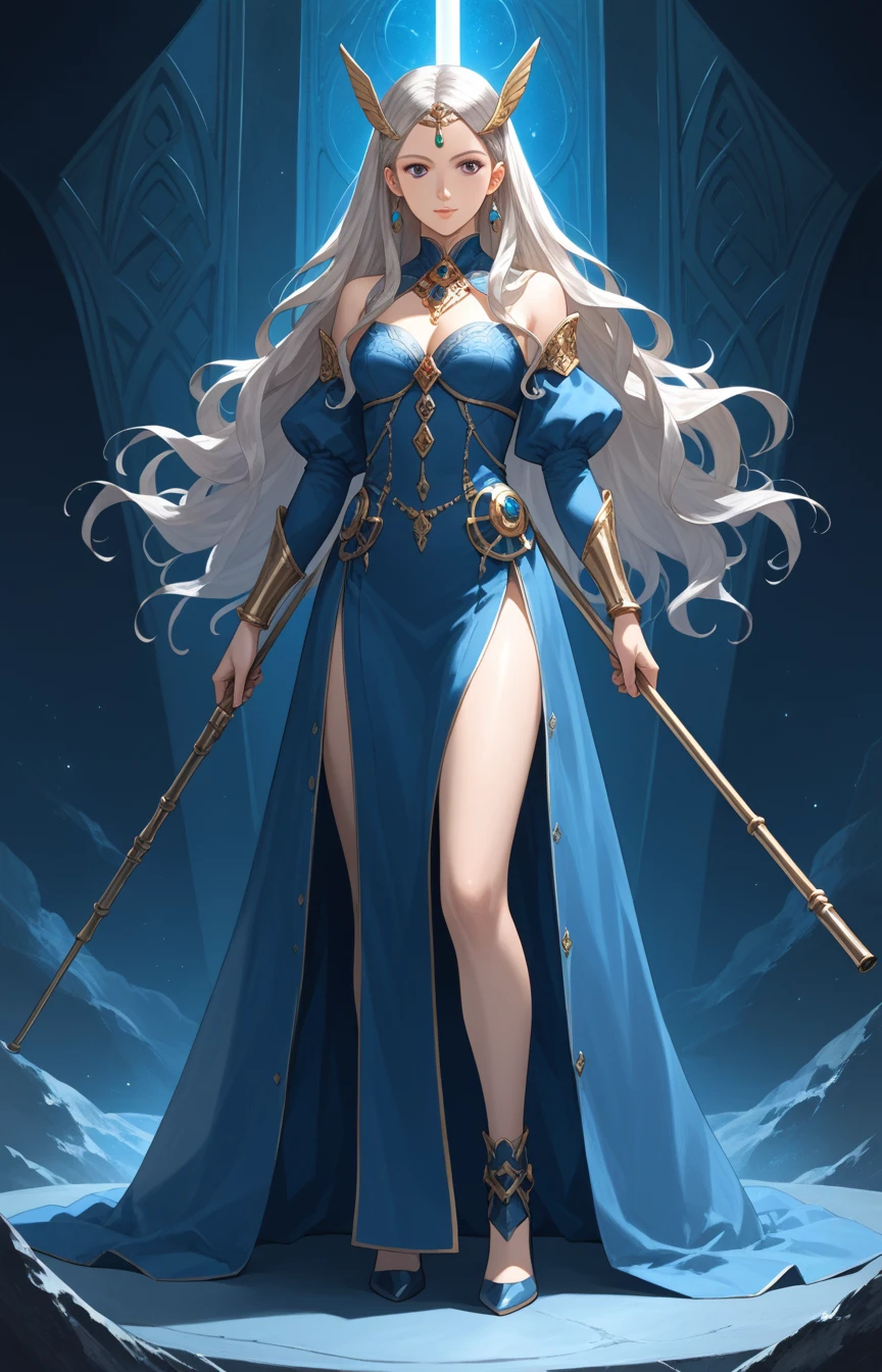 Ilyana, a giant 62 meter sorceress, emerges from a thunderstorm at dusk, her pale skin glowing with flashes of lightning. Her long silver hair falls in loose waves over her shoulders.. Naked and majestic, standing on a windswept hill, His posture is powerful and tempting., with one leg slightly forward and one hand raising a shiny staff, while the other caresses her thigh. His eyes, full of power and desire, They look at the tiny humans at their feet, mesmerized by their stormy presence. Her lips curved in an enigmatic smile and her voluptuous, sculpted body exude an aura of mystical eroticism., enveloping everyone present in a spell of submission and electric admiration.