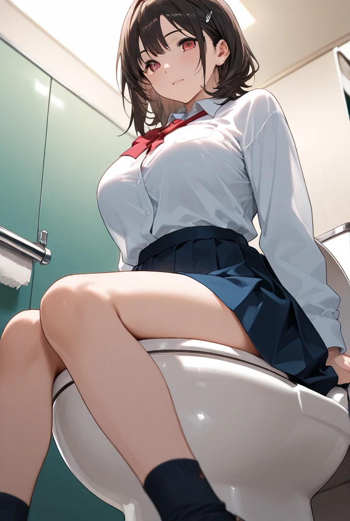 Large breasted women、((skirt))、Angry face、Sitting on the toilet、Peeing、urination