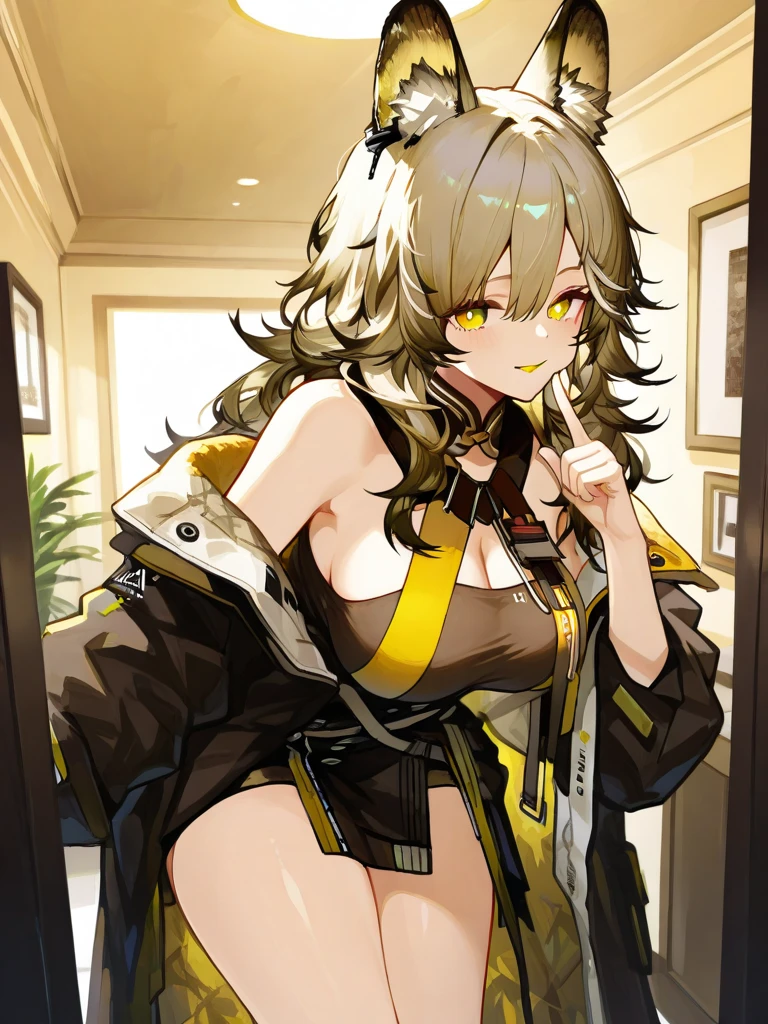 1girl, stelle_(honkai_star_rail), breasts, solo, cleavage, yellow_eyes, shirt, off_shoulder, looking_at_viewer, white_shirt, thigh_strap, white_background, jacket, grey_hair, simple_background, long_hair, collarbone, leaning_forward, large_breasts, closed_mouth, black_jacket, bangs, skirt, blush, black_skirt, bare_shoulders, hair_between_eyes, open_jacket, open_clothes
