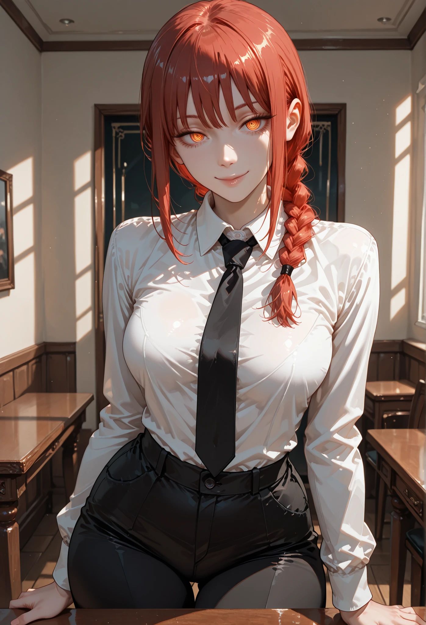 1girl, makima (chainsaw man), red hair, ringed eyes, braided ponytail, solo, black necktie, shirt, collared shirt, black pants, standing, in the room, sitting at the table, sensual look, sexy, attractive, mischievous smile, looking at the viewer, sexy pose, best quality, masterpiece, ultra detailed, very aesthetic
