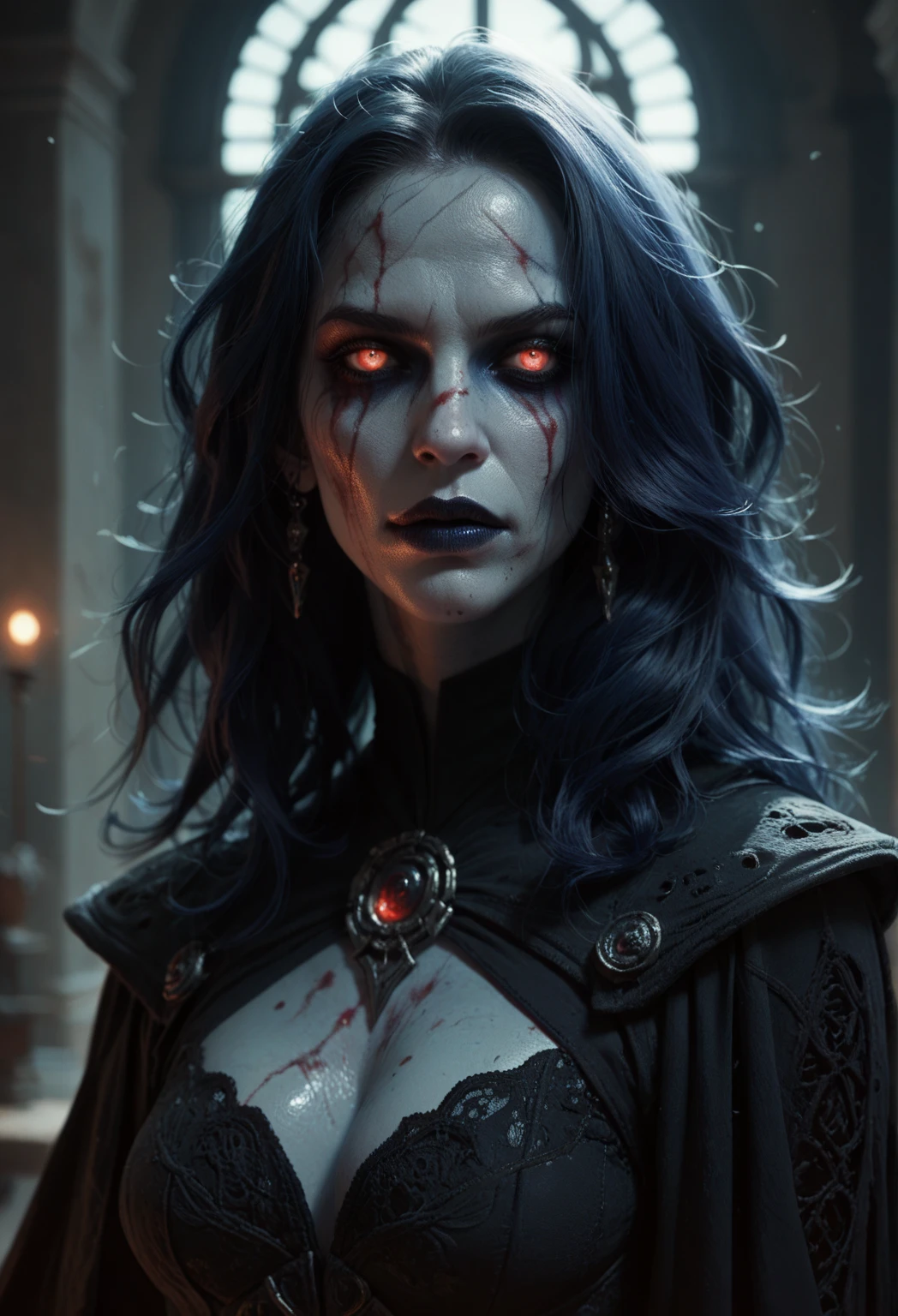 Film noir effect, color effect solo, reaper, Female, scary look, creepy look, horror, sew lips, seductive body, Anime-inspired, huge braid, extremely detailed, gothic clothing, tattooed, frowning, dark theme, heterochromia, terrifying, colored eyes and lips, Satanic Symbols