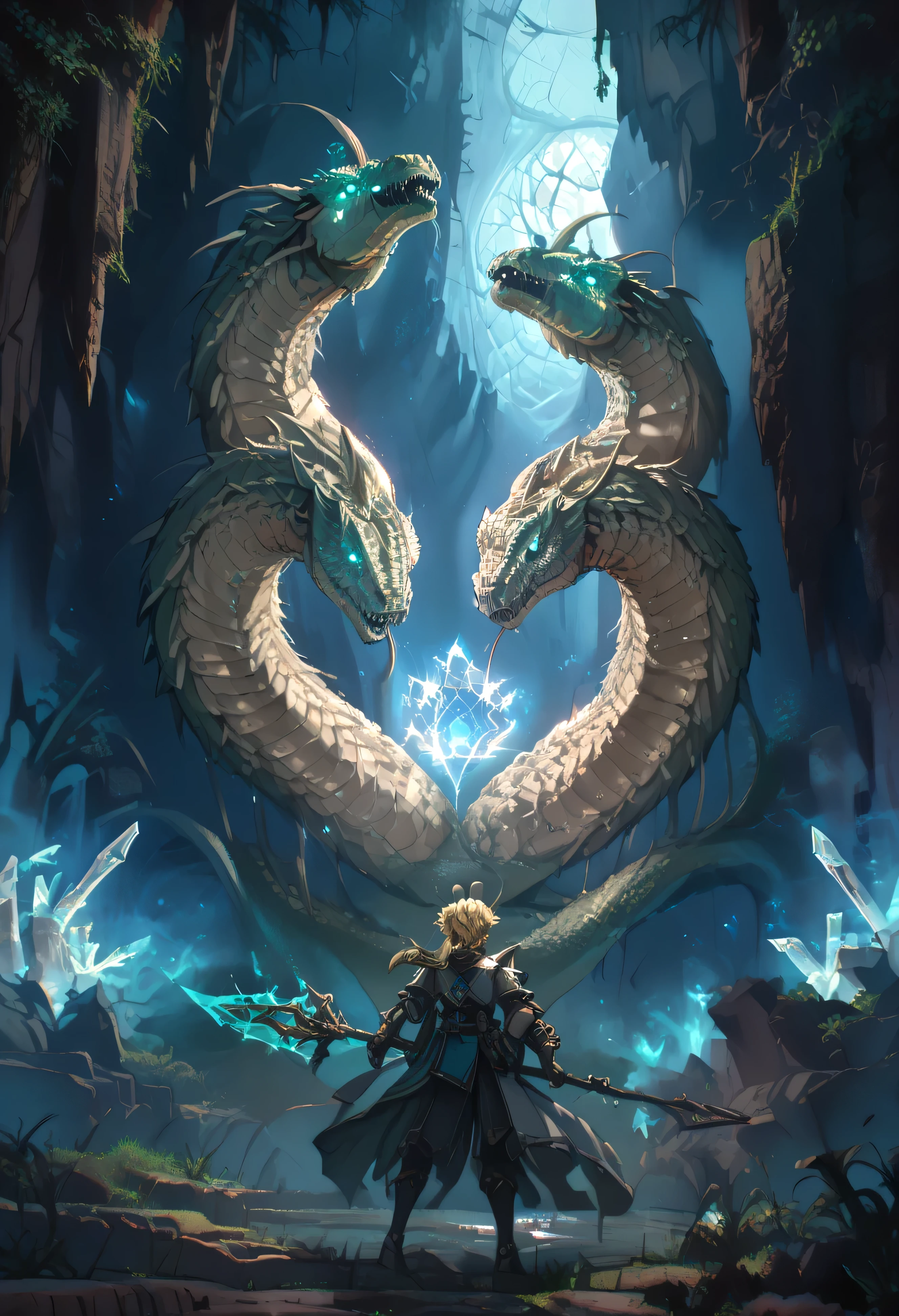 a cinematic shot of KJOrudy standing infront of a giant hydra monster, KJOrudy seen from behind, blonde hair, small ponytail, low ponytail, ahoge, holding a staff with a glowing gem on its end, hydra skin has a crystal aspect, hidra has multiple heads, crystal cave in background, reflective light, bosstyle, masterpiece, best quality, ultra detailed, hdr