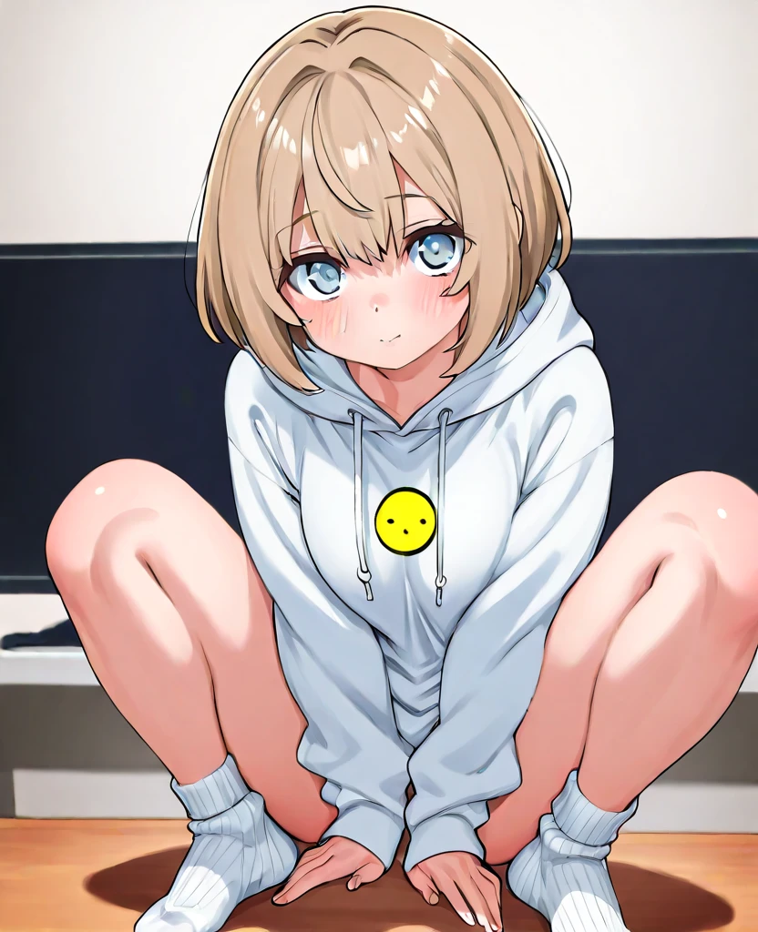 masterpiece, highest quality, 1 girl, Super detailed,(POV 1.3)、Cowgirl、、slender、model、blonde、short hair、bangs bangs、slanted eyes、golden eyes、cool、gal、university student、black t-shirt、Lower body naked、puex、beafeet、Slut、