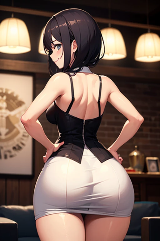 a sexy woman, mature female, nice ass, pantyhose, palyboy bunny, bare shoulders, smile, from back, highly detailed, HD, 4K, Masterpiece, highres