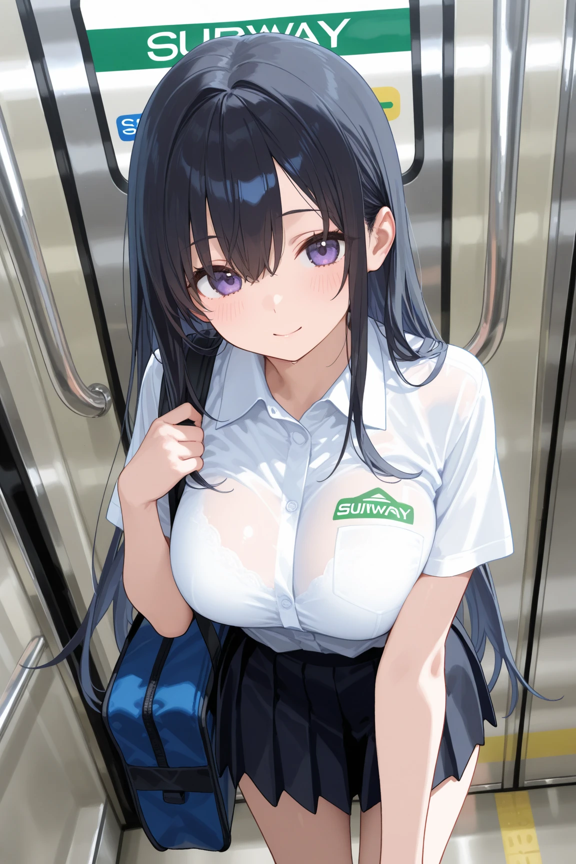 sit in a train seat, (Bend your knees, Panty shot), Camel Toe, , skirt,blush, (smile:0.7), (8k, RAW Photos, highest quality, masterpiece:1.2), 1 girl,alone,Mature Woman,Black Hair,Brown eyes,Long Hair, chest, chestの谷間, Observe the audience,I can see her panties,Showing off panties,