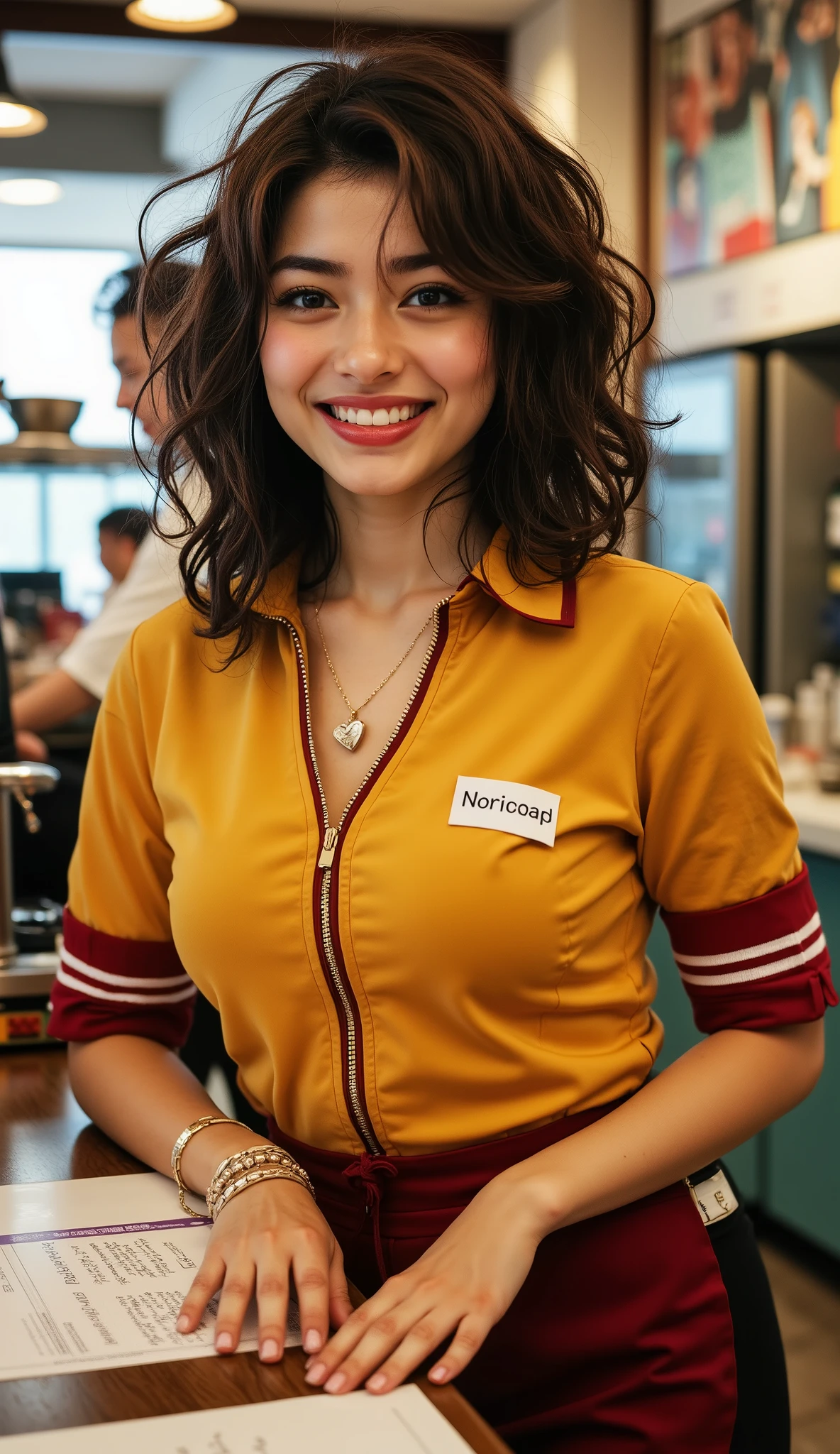 8k, Masterpiece, Top Quality, Close-up, woman, waitress, mustard-yellow, shirt, red, stripes, sleeves, apron, zippered, nametag, necklaces, gold, pendant, heart-shaped, bracelet, rings, dark, eyebrows, red, lipstick, eyeshadow, brown, hair, curls, shoulders, smirking, self-assured, hands, hips, commercial, kitchen, diner, refrigerators, paperwork, coffee, pot, copper, soft, lighting, comedic, mischievous, confident.