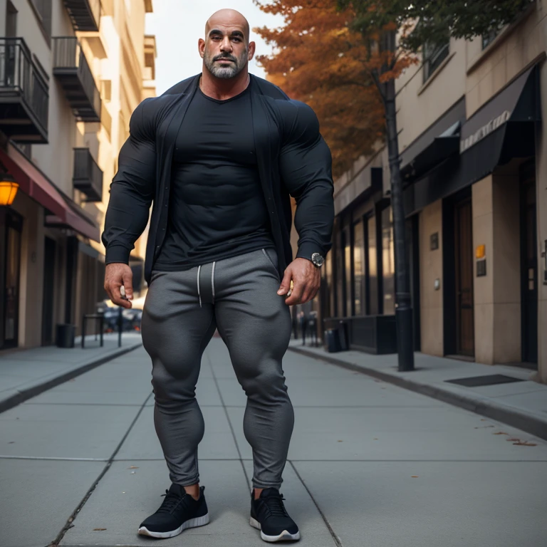 a man in dark shorts is showing his muscles, in the style of environmental portraiture, ray tracing, industrial photography, bulky, hairy(stocky), dadbod, full body, weathered materials, 8k resolution, vibrant portraiture, bulge