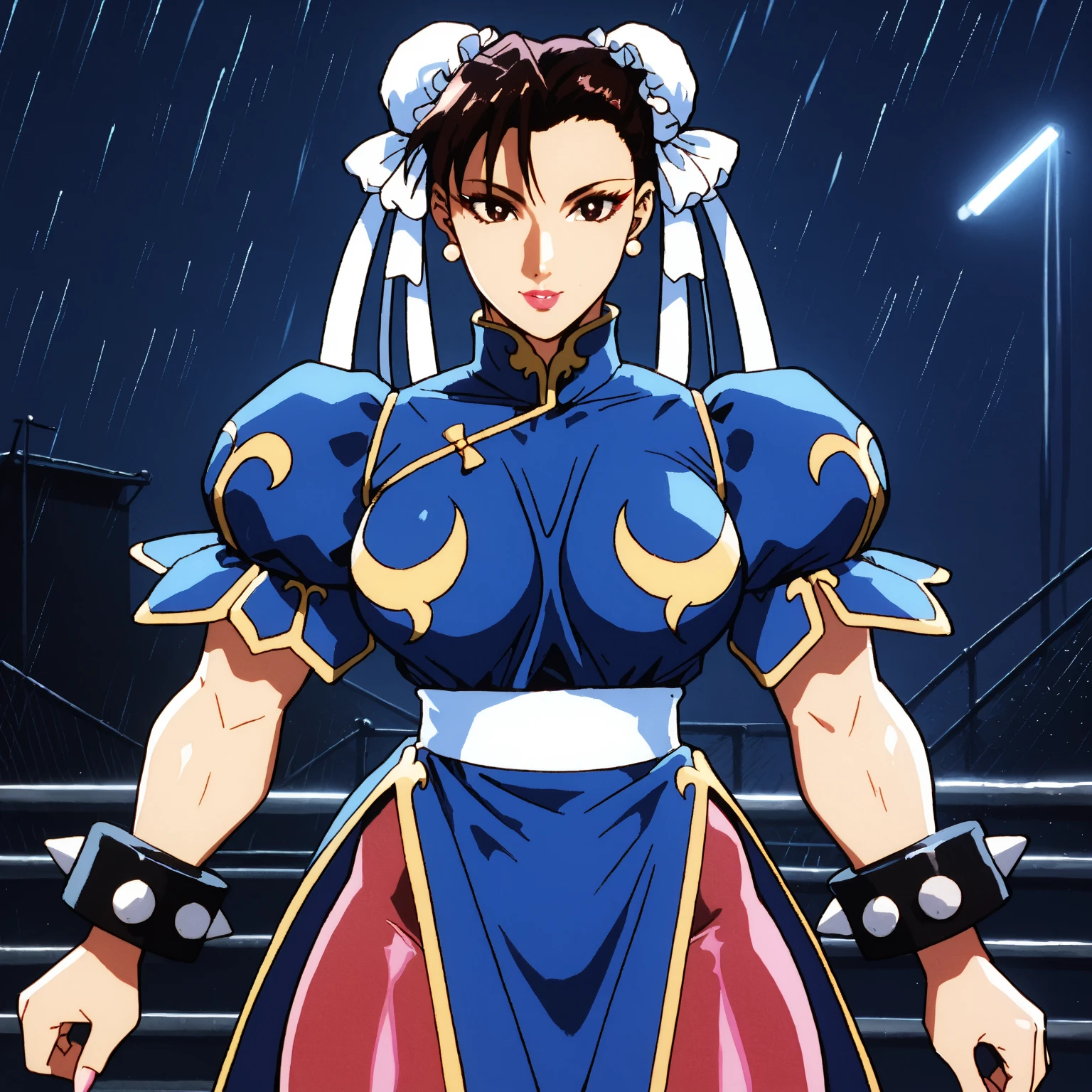 Chun-li, large breasts, standing, facing the viewer, high quality, perfect anatomy, beautiful face, (((greyscale, monochrome, manga style))), in boichi manga style