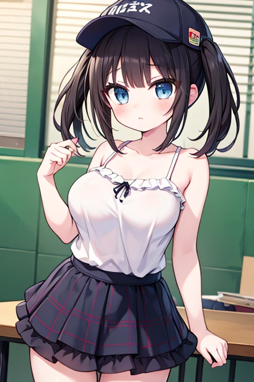 ((masterpiece、Highest quality、Very detailed))、One girl、Black Hair、Long Hair、twintails、blunt bangs、Grey Eyes、evil smile、((lots of piercing))、((Small breasts))、 ((White shirt))、Open chest、cleavage、((gray plaid pleated skirt))、thighhighs、Cowboy Shot、((bent over))、Classroom Background
