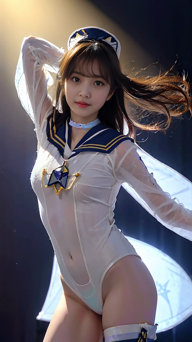 (RAW photo、highest quality)、(realistic、Photoreal:1.3)、highest quality、masterpiece、very delicate and beautiful、A hvery detailed、nffsw、sense of oneness、2k wallpaper、growing up、Beautiful in every detail、masterpiece、light smile、highest quality、Hvery detailed ticker Unity 8K wallpapers、huge file size、Super detailed、High resolution、very detailed、((Euphoric look))、((orgasm:1.2))、((smile:1.15))、((sweating:1.4))、((translucent:1.55、A rainbow-colored sailor uniform-style bodysuit with a beautiful silhouette and a collar that sticks to your skin....:1.6))、blue and violet、ribbon、Sailor Hut、double ruffle garter、super cute girl、s、Part of an idol group、(((portrait)))、(((At concerts「ザ☆ピ〜s!」dancing)))、(spread your legs wide), (Pull your hips back), (Arch the upper body), and place your left hand on your hip.、Right hand salutes with two fingers、Hair is moving、Spotlight、professional lighting、cinematic light、Three-dimensional、viewer'point of view、