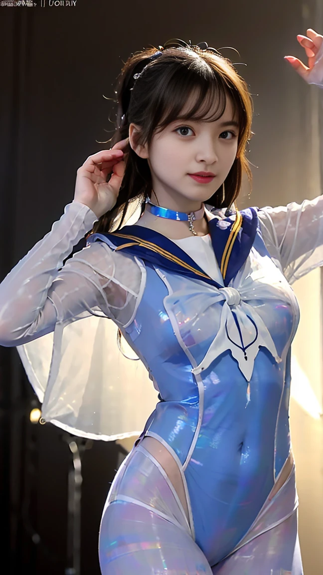 (RAW Photos、Highest quality)、(Realistic、Realistic:1.3)、Highest quality、masterpiece、Very delicate and beautiful、A hVery detailed、Hmph、Sense of unity、2k wallpaper、growing up、Beautiful in every detail、masterpiece、light smile、Highest quality、HVery detailed ticker Unity 8K wallpaperS、Large file size、Very detailedな、High resolution、Very detailed、((Euphoric look))、((orgasm:1.2))、((smile:1.15))、((sweating:1.4))、((translucent:1.55、A sailor-style body suit with a skin-hugging collar that creates a beautiful silhouette..:1.6))、Pink and orange、ribbon、Sailor Hat、Double frill garter、Very cute girl、teenager、Part of an idol group、(((At a concert「ザ☆ピ〜S!」Dancing)))、(Spread your legs wide), (Pull your hips back), (Warp your upper body), Place your left hand on your hip.、The right hand salutes with two fingers、Hair is moving、(Concert lighting enhances the atmosphere)、Many people々、Spotlight、Professional Lighting、Cinematic Light、3d、audience'perspective、