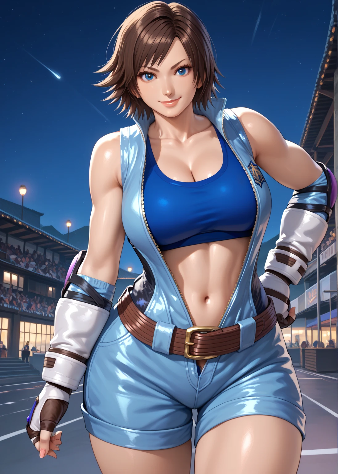 Asuka, brown eyes, brown hair, cleavage,
fingerless gloves,sleeveless, necktie , blue shirt, shorts, gloves,
looking at viewer, light smile, standing, upper body,
streets, morning, leaning forward,
(insanely detailed, beautiful detailed face,beautiful detailed eyes, masterpiece, best quality),