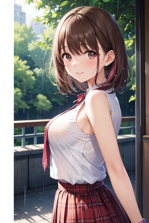masterpiece, best quality,
1girl, summer , plaid skirt, brown hair, ponytail, smile, from front,
(wet body:1.5), classroom,