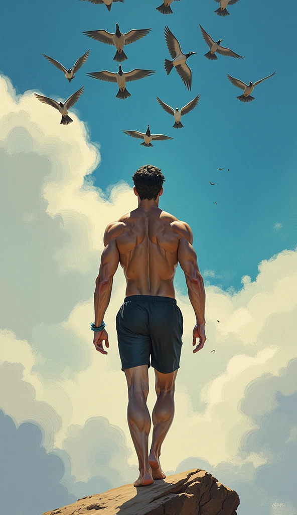 illustration that evoke stoicism men from 25 years old, shirtless, barefoot, strong, slim body Importance of Reason Style: Scientific realism, with a focus on detail and precision. Color palette: Cool, neutral tones (navy blue, gray, white) to convey clarity and objectivityExpression: A gaze lost in space, an expression of awe and wonder. Setting: The vast expanse of space, with stars and planets visible in the distance.