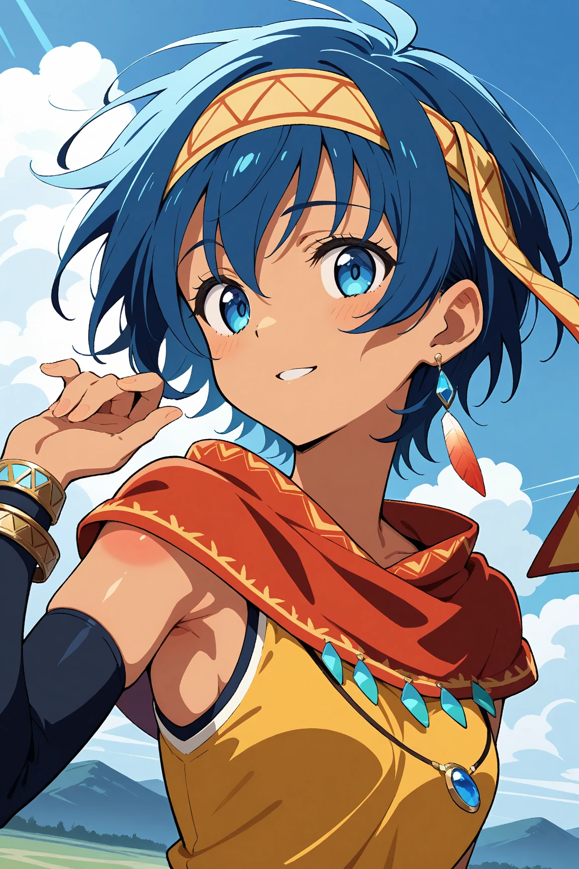 Mulher de pele azul com manto de arraia saindo das costas, roupas de aventureira e tridente, personagem One Piece