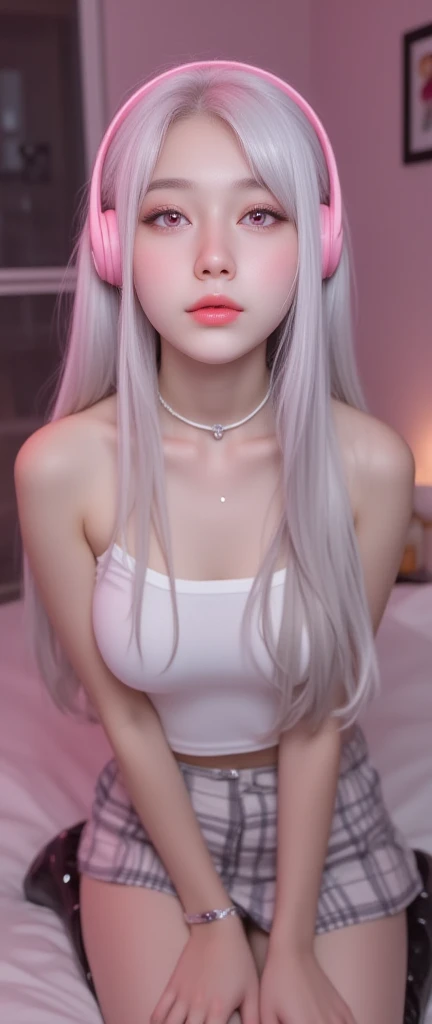masterpiece, Highest quality, 4K, Ultra-high resolution, mishoujo, Painting, Beautiful eyes and a beautiful face, shape, Beautiful details, high resolution shape, Shine_white_particle, One Girl, white hair, Light purple eyes, 、Large Breasts、belly button、Japanese、Japanese Idols