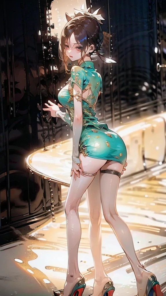 (Best Quality, Masterpiece, Photo realistic, Ultra Detailed, ultra high res, raw:1.3), (1woman, beautiful, famous Japanese actress), double eyelids, bangs, smile, detailed face, detailed eyes, big breasts, big hips, (Mermaid dress:1.3), (from behind), (butt crack), (bare hips, bare back, naked), looking_at_viewer, (award ceremony, crowd:1.5),