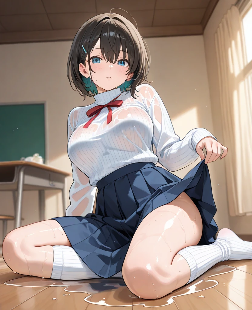 ((top-quality、8K、masterpiece:1.3))、女の子1人、In a town where many people walk、Slender Abs、sofas、hyperdetailed face、A detailed eye、二重まぶた、非常にlarge full breasts、large full breasts、Colossal tits、Neat and clean schoolgirl、black hair shorthair、Straight bob hair、Shorthair with bangs、A smile、Schoolgirl Uniform、Low female genitals visible through the skirt、An 18-year-old woman、Sheer white shirt、Unbutton and unfold the shirt、Exposing breasts、Navy blue ribbon at the collar、Dark blue pleated micro mini、Sexy、Peek at the viewer、Beautiful graphics and sunny main street、There are a lot of people、Show me your whole body、beautiful dharma photo、is standing、No bra、teats see through、The shape of her nipples is noticeable even through her shirt.、No panties、No panties、Detailed female genitalia shape pantyhose is missing、Black pantyhose、(Facing the front)(((Blushing cheeks、embarassed expression)),(((The skirt is rolled up by the wind)))、Showing female genitalia、、Background depth of field、Please choose one'skirt in the crowd、Men behind、Grabbed by a man、Chest grabbing、Dirty emblem on abdomen、pink heart-shaped tattoo on abdomen、open open mouth、Stick out the tongue、AHE Face、peeing herself