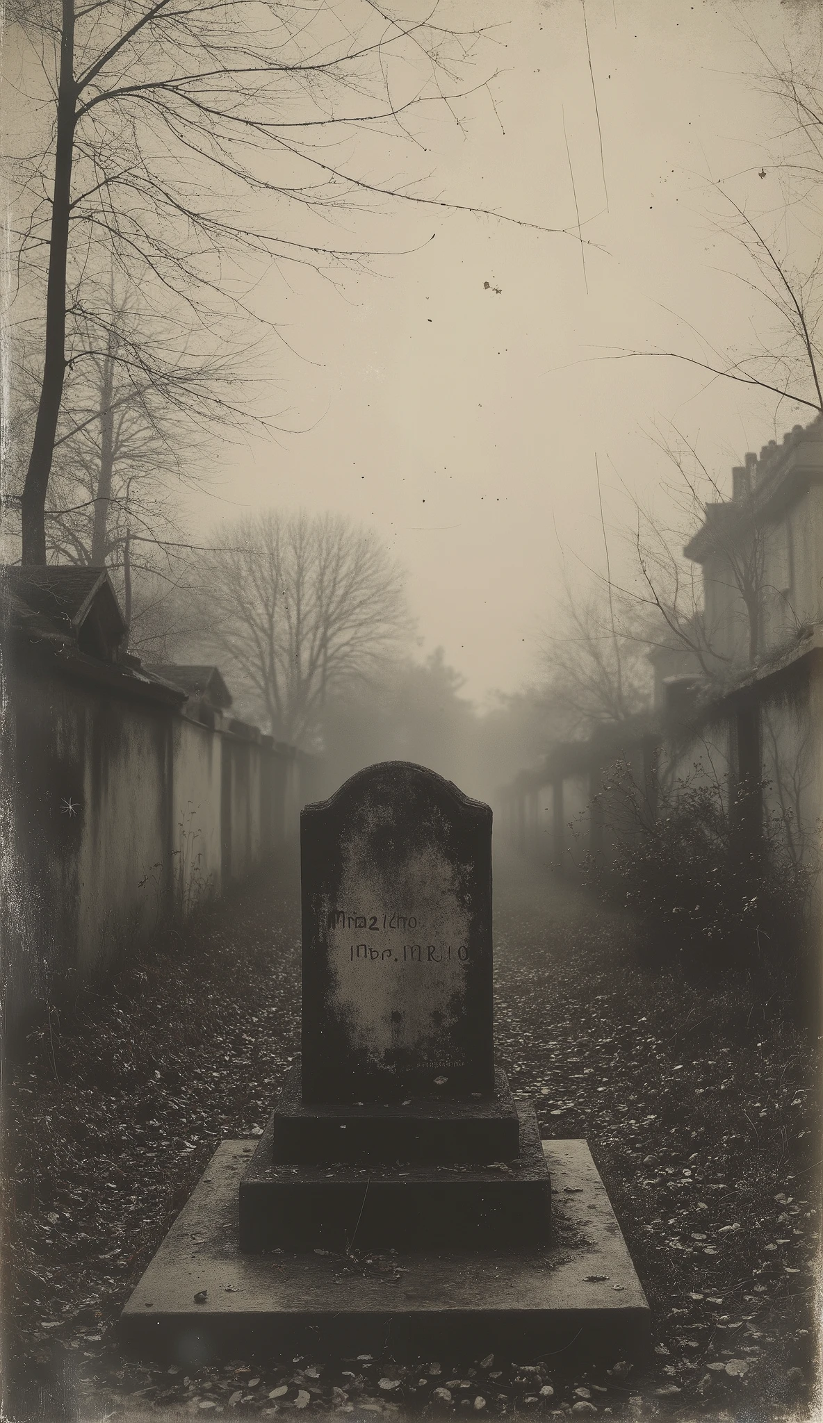 Year 1930 , old cemetery where a grave is placed; Maria Lozano Martin 1922-1942, As the fog clears, vintage style with soft and melancholic lighting.
