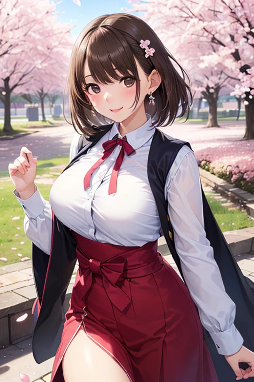 (masterpiece), best quality, highres, blush stickers, long hair, large breasts, green skirt, pleated skirt, red necktie, garter belt, garter straps, white shirt, long sleeves, grey jacket, reaching out, smile, cherry blossoms, outdoors, cowboy shot, large breasts, up skirt, panties, showing panties, blush, sexy, athletic body, silverd hair, pink eyes, red panties, brown thighhighs, mature woman, bursting breasts, beautiful face, beautiful eyes