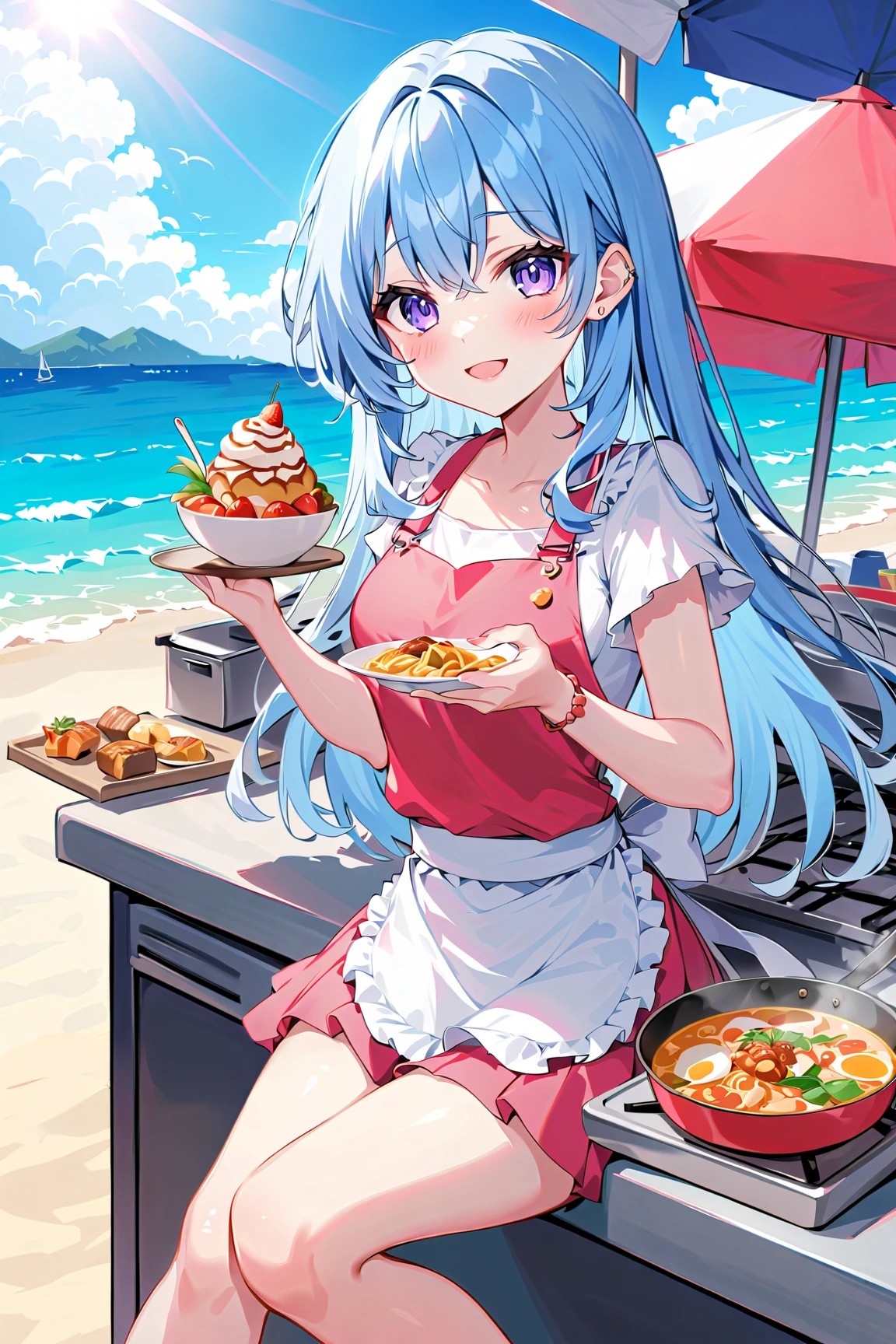 masterpiece, best quality, extremely detailed, (illustration, official art:1.1), 1 girl ,(((( light blue long hair)))), ,(((( light blue long hair)))),light blue hair, , long hair ((blush)) , cute face, big eyes, masterpiece, best quality,(((((a very delicate and beautiful girl))))),Amazing,beautiful detailed eyes,blunt bangs((((little delicate girl)))),tareme(true beautiful:1.2), sense of depth,dynamic angle,,,, affectionate smile, (true beautiful:1.2),,(tiny 1girl model:1.2),)(flat chest),(masterpiece, Highest quality:1.2), 1 Girl, alone,Eyes open,barbecue,Tropical atmosphere,Ocean