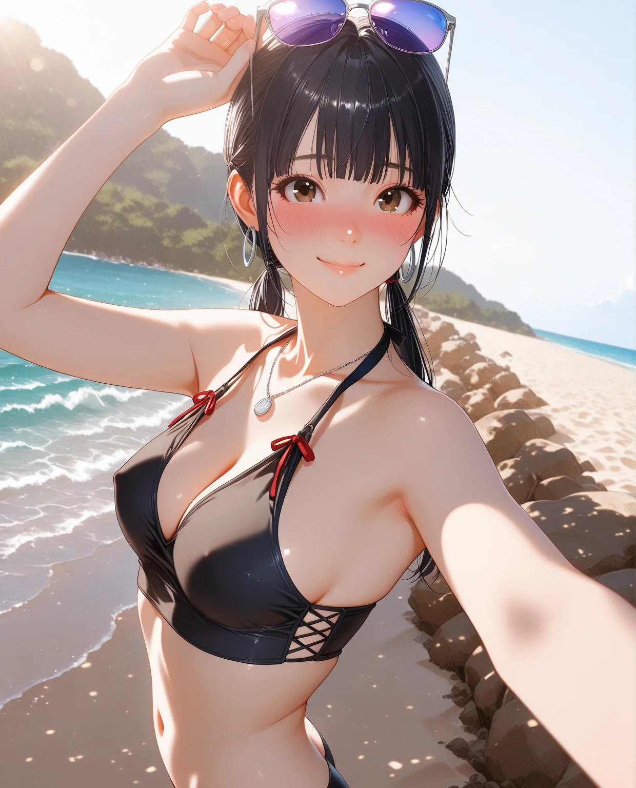 beautiful face,anime,cool beauty,1 girl,black hair,medium hair,medium chest,20th generation,no pubic hair,Height: 168cm,sharp outline,slim body,summer sea,smile,Half-up hairstyle,(selfie:1.5),bikini swimwear,