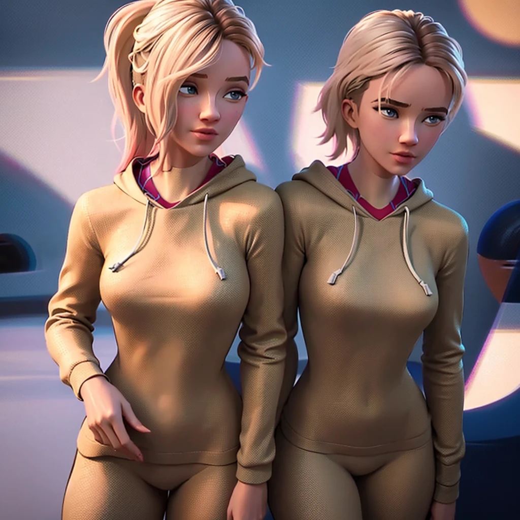 (ultra realisic, A highly detailed: 1.4), beste-Qualit, tmasterpiece, 3 girls, A stern look, Severity, arrogance, blonde woman, running, hoody, sweatpants tracksuit, Near the house, exteriors, standing at full height, sneakers ((Three heads, 3 heads):1.4)