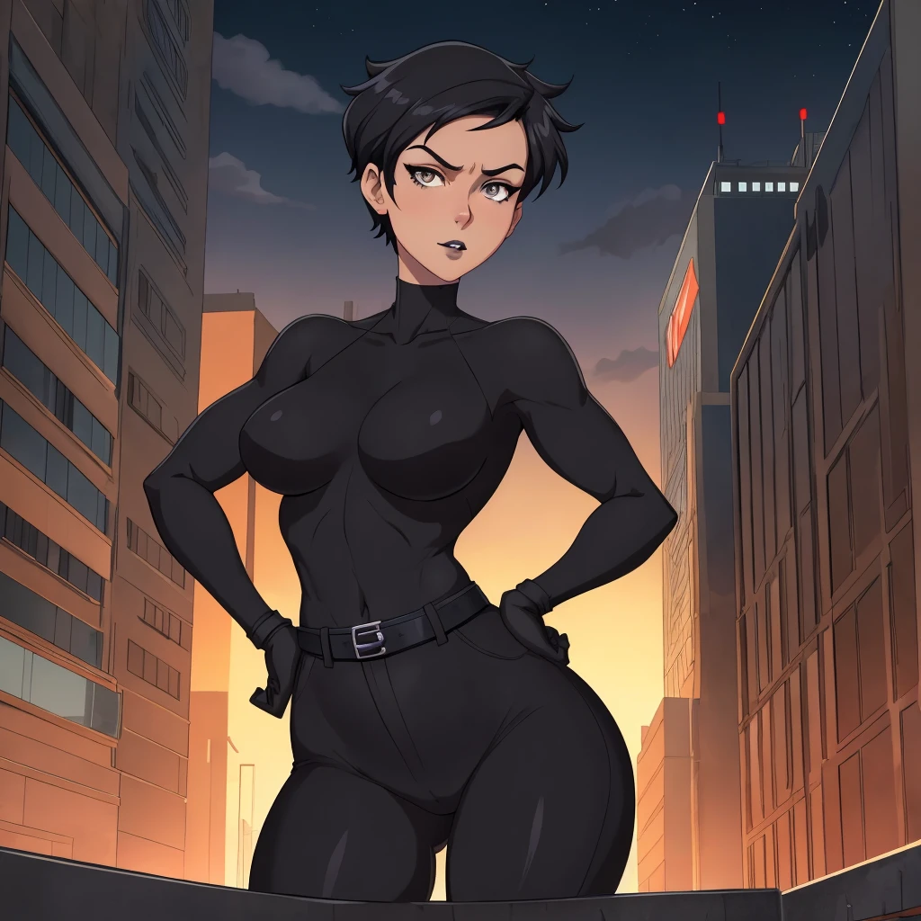 One girl, alone, masterpiece, highest quality, Videl, (Black Hair), Iris, Toned Up, Black bodysuit, hero costume,  Hands on hips, Conceit, View Viewer, city, night, Stand on the edge of the roof, Urban