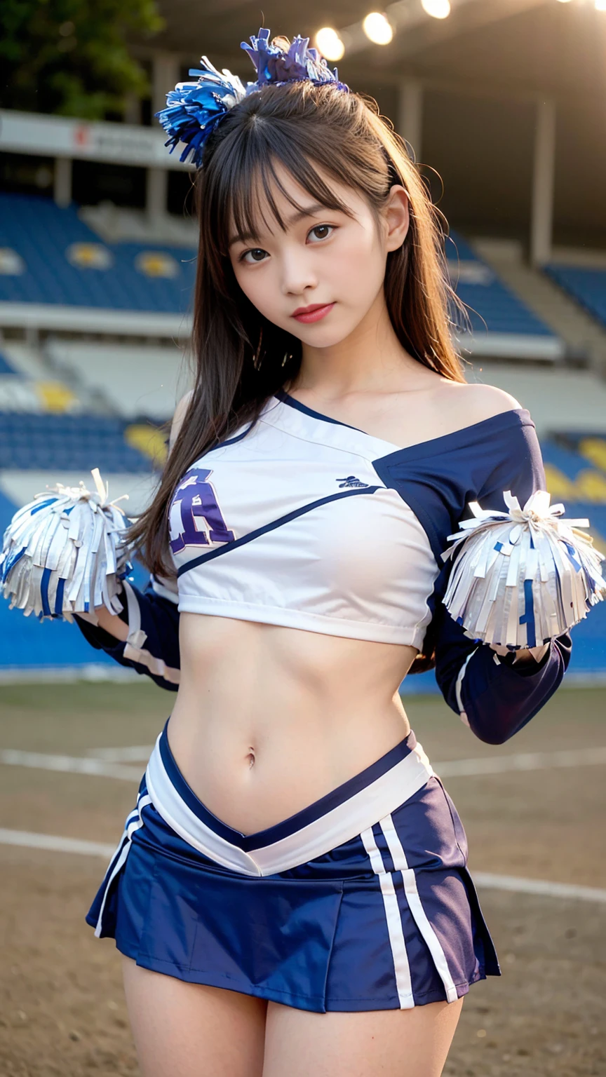 cheerleader,little smile,cheer leading,cheerleader uniform, (((masterpiece))), (((best quality))), ((ultra-detailed)), (illustration), ((an extremely delicate and beautiful)),(bokeh,blurry background),(best shadow), 1girl,white panties, black hair, long hair, kawaii,cute,, shine Highlight Spot on eyes, character focus,head tilt,