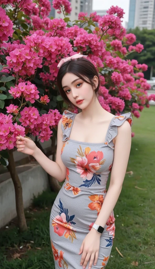 (8K high image quality), (top-quality), (RAW image quality),(masutepiece:1.2), (Realistic), (Photorealistic:1.37), Exquisite, (Live-action realistic style), The Ultimate Face, Photorealistic light and shadow, Clear facial features, milky skin, Fair skin, high detail skin, Realistic skin details, Visible Pore, (Super Detail),Hair length is random, (Flo wing hair), Best portraits, Shot from a short distance, Only one girl, Cute, Beautiful detailed eyes, beautiful detailed nose, high detailed skin , (Beautiful face with double eyelids), (Realism: 1.4), excellent details, Ultra-high resolution, delicate and beautiful face, 28-years old, (Beautiful Face 1.4), A slender, ((Wear a colorful short dress:1.3)), ((In a flower park)), Natural smile, (Looks fun), Long hair, red lipsticks, beautiful legs, ((Sit in front of the audience with leg extended)), ((Smile at your audience)), (Very attractive smile), Sit on knee upright,