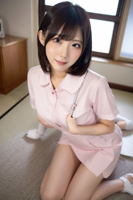 One girl、(白いnurse服を着ている:1.2)、(RAW Photos、Highest quality)、(Real、Photorealistic:1.4)、Your smile is cute、White teeth、masterpiece、Very delicate and beautiful、Very detailedな、2K Wallpaper、wonderful、finely、Very detailedなCGユニティ8kの壁紙、Very detailed、High resolution、Soft Light、Beautiful detailed girl、Very detailedな目と顔、Beautifully detailed nose、finely美しい目、nurse、Perfect Anatomy、 Black Hair、Upstyle、nurse服、(())、Long skirt、nurse、White、Thin、hospital、clear、White uniform、Hospital room、Neck auscultation、Bobcut、(((Sit with your knees apart)))、Pink Panties