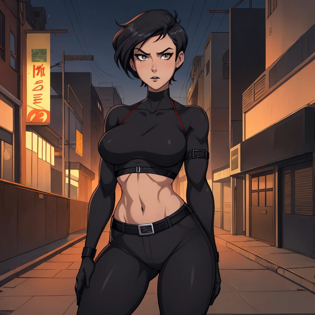 1girl, light skin, Yusuke Murata style art, girl alone, short hair, black hair, blue eyes, anime girl with posing tattoos, digital anime art, sexy anime girl, female anime girl, anime art, muscular!, big oppai, Ilya Kuvshinov, badass anime 8k, anime art, cuberpunk hair, sexy outfit, exercise clothes, very attractive, sensual,a gothic, beautiful face, serious face, short black hair, perfect body, fit body, abdomen, large breasts, muscular, small thong