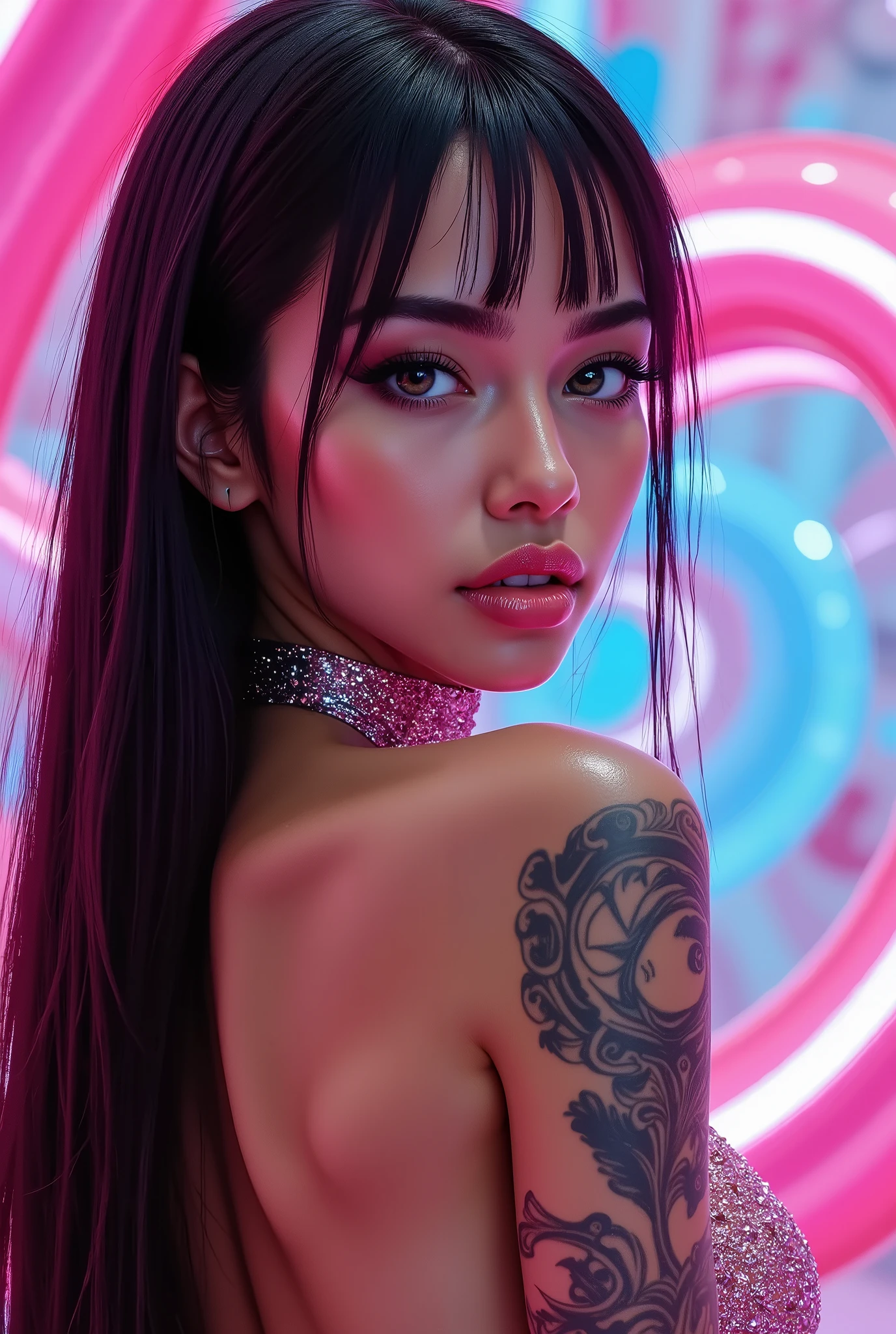 Realistic (Photorealistic realism 16K quality), ((ultra insane quality, professional, extremely detailed digital art)), ((focus on extremely Realistic Proportion Body, Anatomically Correct:1.2)), Beautiful Girl, ultra details, UHD, ((sharp focus, no blurry eyes, high resolution, absurd quality, Realistic brown_eyes:1.4), intricately detail:1.3),((extremely fine details eyes))((extra narrow eyebrows))(extremely fine details pupils),(ultra realistic texture details: velvety skin, hair),((open mouth, joyful expression)),((perfect dark_eyeshadows:1.4)), perfect female body, full bodyesbian, ((Beautiful long legs in good style:1.35)), ((no bra, no panties:1.3)), (medium butt),(perfect hot model body:1.4), ((slim belly: 1.2)), (muscular body), (Beautiful bikini, made of PVC ribbon), ((Micro Slingshot Swimsuit: 1.25)), ((Wear Micro Sling Made of ((ultra Narrow,, Sparkly neon)), Tight, PVC Ribbon: 1.3)), ((dark Hair,Long Hair,two side up,Crossed bangs,between hair)),arms tattoo,((micro skirt)),angelic cute face,white teeth, perfect beauty, long eyelashes, (neon pink lips), oiled skin (psychedelic narcotic background, paranoia background), dslr, high quality split lighting, sharp focus captured by Fujifilm XT3, f 5.6,(perfect composition),((look at the viewer)), on all fours、push up your butt:1.hot from behind、Focus on the butt:1.4)