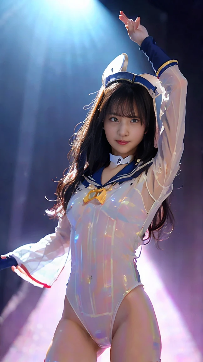 (RAW photo、highest quality)、(realistic、Photoreal:1.3)、highest quality、masterpiece、very delicate and beautiful、A hvery detailed、nffsw、sense of oneness、2k wallpaper、growing up、Beautiful in every detail、masterpiece、light smile、highest quality、Hvery detailed ticker Unity 8K wallpapers、huge file size、Super detailed、High resolution、very detailed、((Euphoric look))、((smile:1.15))、((sweating))、((partially translucent:1.55、Show off your body beautifully with a tight latex suit with a sailor-style dress with a collar.:1.55))、ribbon、Sailor Hut、double ruffle garter、super cute girl、youth、Part of an idol group、(((at the concert「ザ☆ピ〜s!」dancing)))、(spread your legs wide, Pull your hips back, Arch the upper body, and place your left hand on your hip)、Right hand salutes with two fingers、Hair is moving、spotlight of、professional lighting、cinematic light、Three-dimensional、viewer'perspective