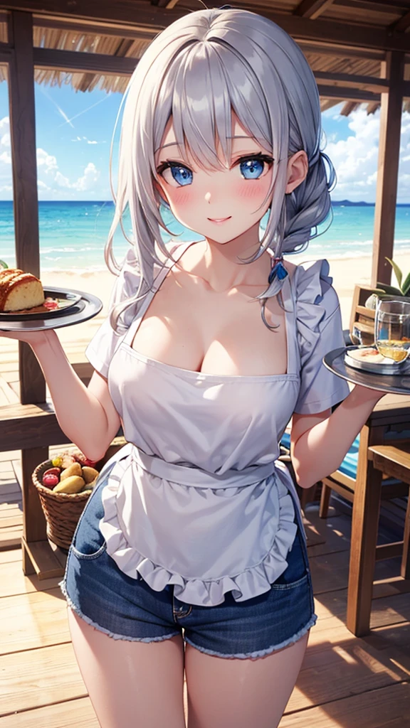 (Apron:1.2), worn over string bikini,seaside,visor,smile,one eye closed,dutch angle,tropical restaurant