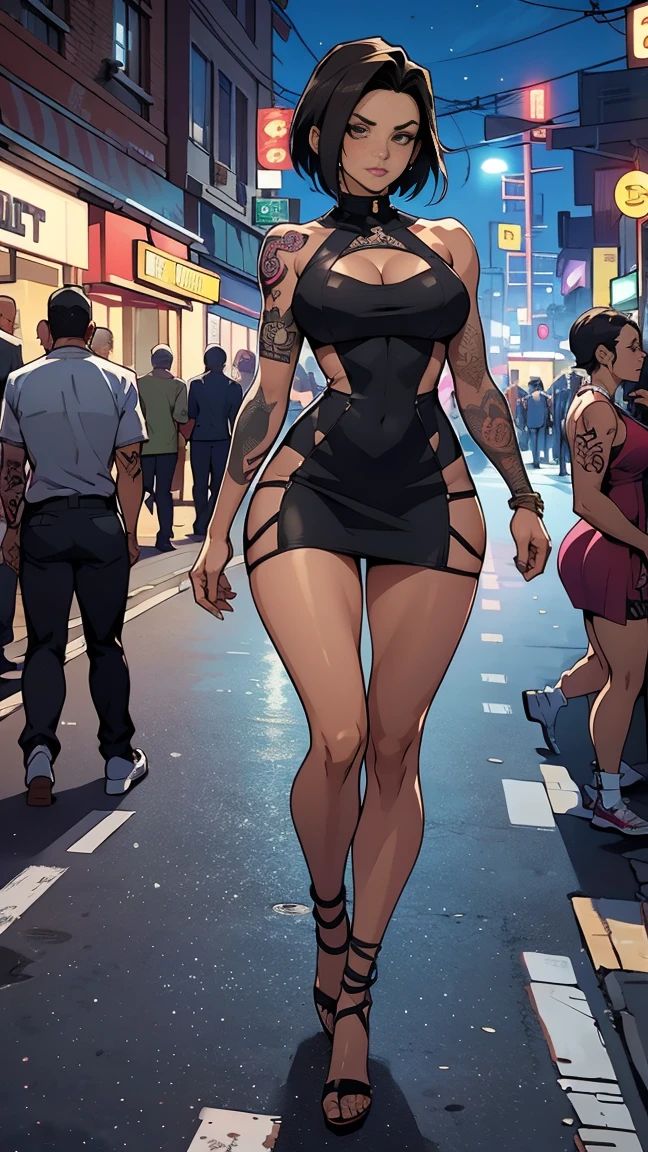 (best quality, ultra-detailed, realistic, 4k), red-haired girl, anime style face, defined physique, muscular, tall, vivid colors, high definition, dark gray eyes, strong body, long hair down to her ass and unruly, full body photo , (long dark wine purple dress), black high heel sandals with straps, with tattoos on the neck, high resolution, perfect face, anime face, chain around the neck, anime eyes, perfect eyes, tanned body, muscular thighs and ass and big, big breasts, standing body, carrying small bag in hand, simple rings on fingers, arms a little strong, fishnet tights, in the city, embarrassed smile, walking backwards, looking back over shoulder, long nails painted black, face perfectly similar to Motoko in ghost in the shell 2049

