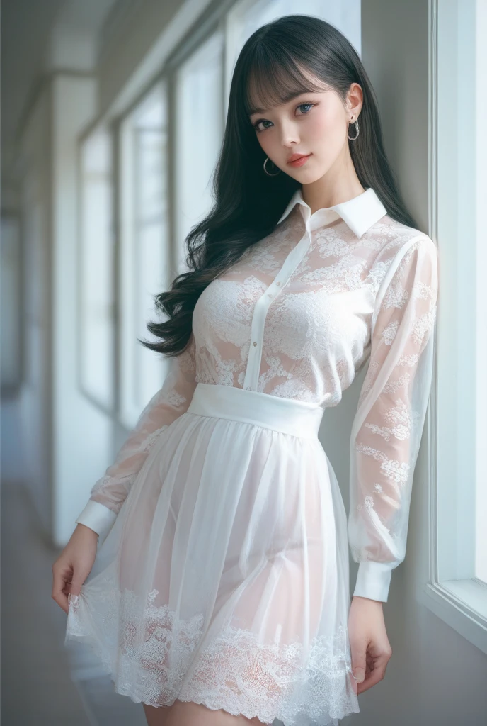 ((highest quality)), ((masterpiece)), (big  with details), perfect face、Accurate five-fingered hands、double eyelids、small face、long wavy hair、realistic skin texture、full body shot、long legs、Beauty、((sheer silk dresini skirt))、Intelligent smile、Model proportions、slender body、Moist eyes
