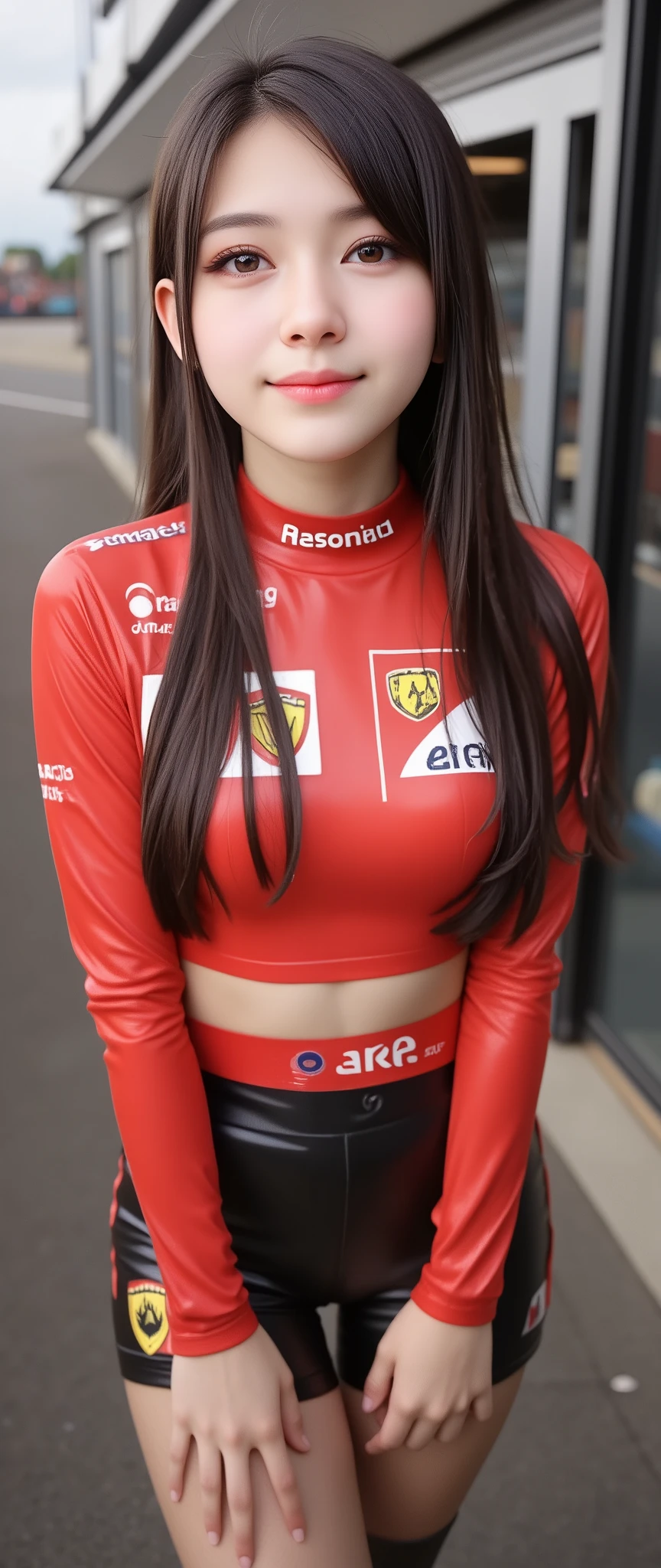 zent, best quality, masterpiece, illustration, realistic, photo-realistic, amazing, finely detail, incredibly absurdres, huge filesize, ultra-detailed, highres, extremely detailed CG unity 8k wallpaper, nsfw, close-up, A captivating race queen with delicate features reminiscent of a popular Korean actress, flaunting a revealing crop top that hugs her slender figure while accentuating her voluptuous bust. Donning a miniskirt that showcases her toned legs, along with thigh-high boots adding allure, her long raven locks cascade over her shoulders. Standing confidently in a sultry pose beside a sleek race car, she waves with a radiant smile, her flawless skin glowing with joy. This close-up portrayal captures her exquisite beauty in stunning detail, embodying the epitome of a gorgeous Korean beauty.