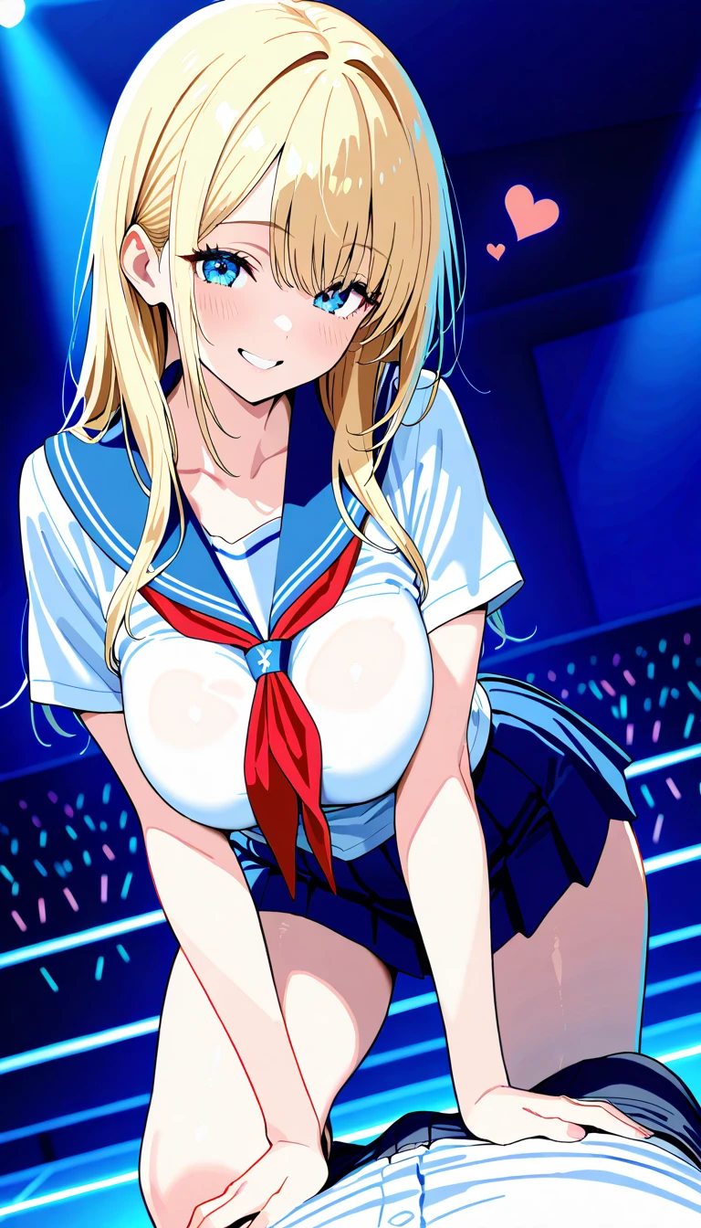 HousenElis, blue eyes, Yellow hair, long hair, ribbon,, large breasts, live stage, solo, 16years old, , nsfw