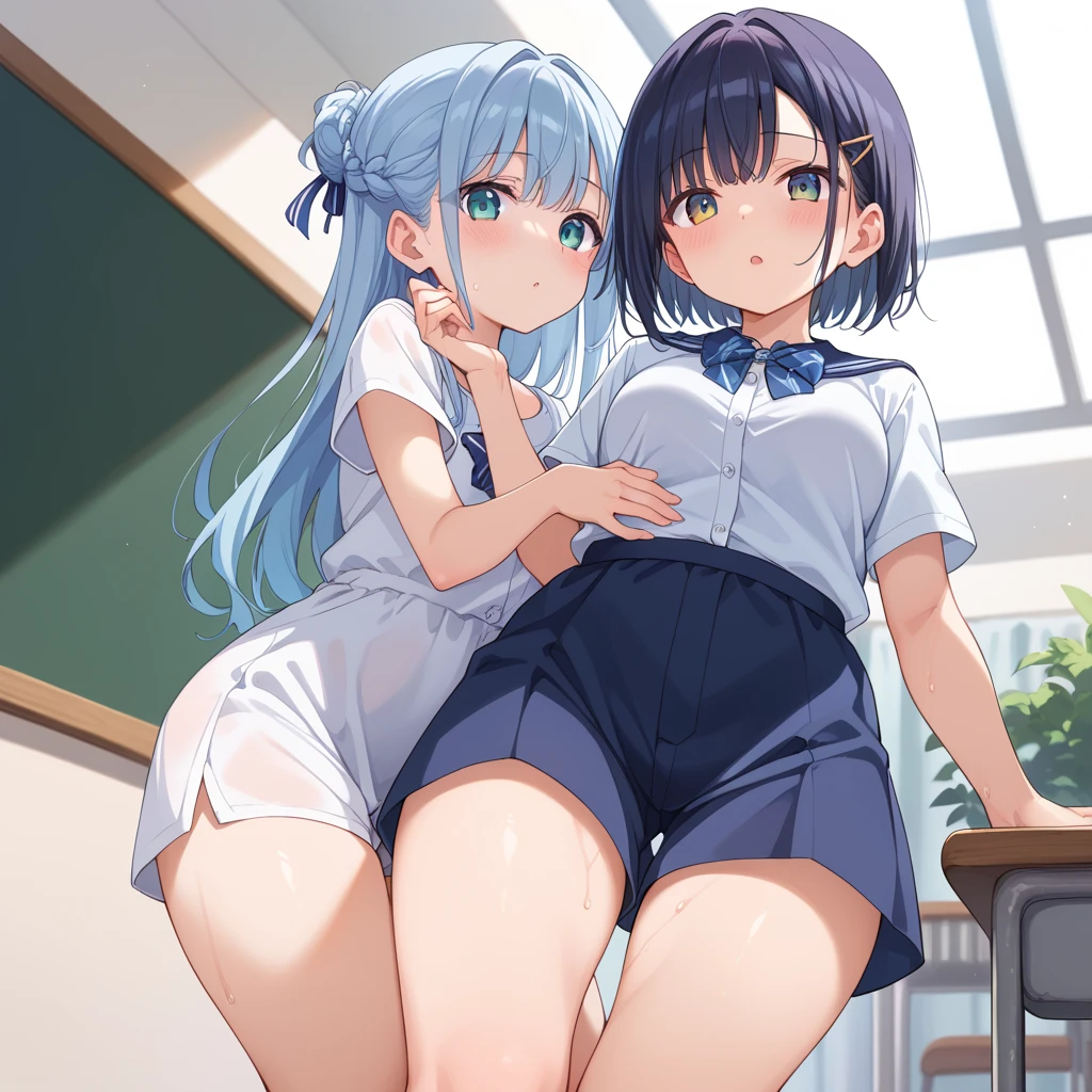 Two s、Small breasts、Gray Hair、Twin tails、classroom、Sunset、after school、naked、Stick your finger in the pussy、Showing pussy、Erect nipples、Spreading pussy、Squatting on top of a woman