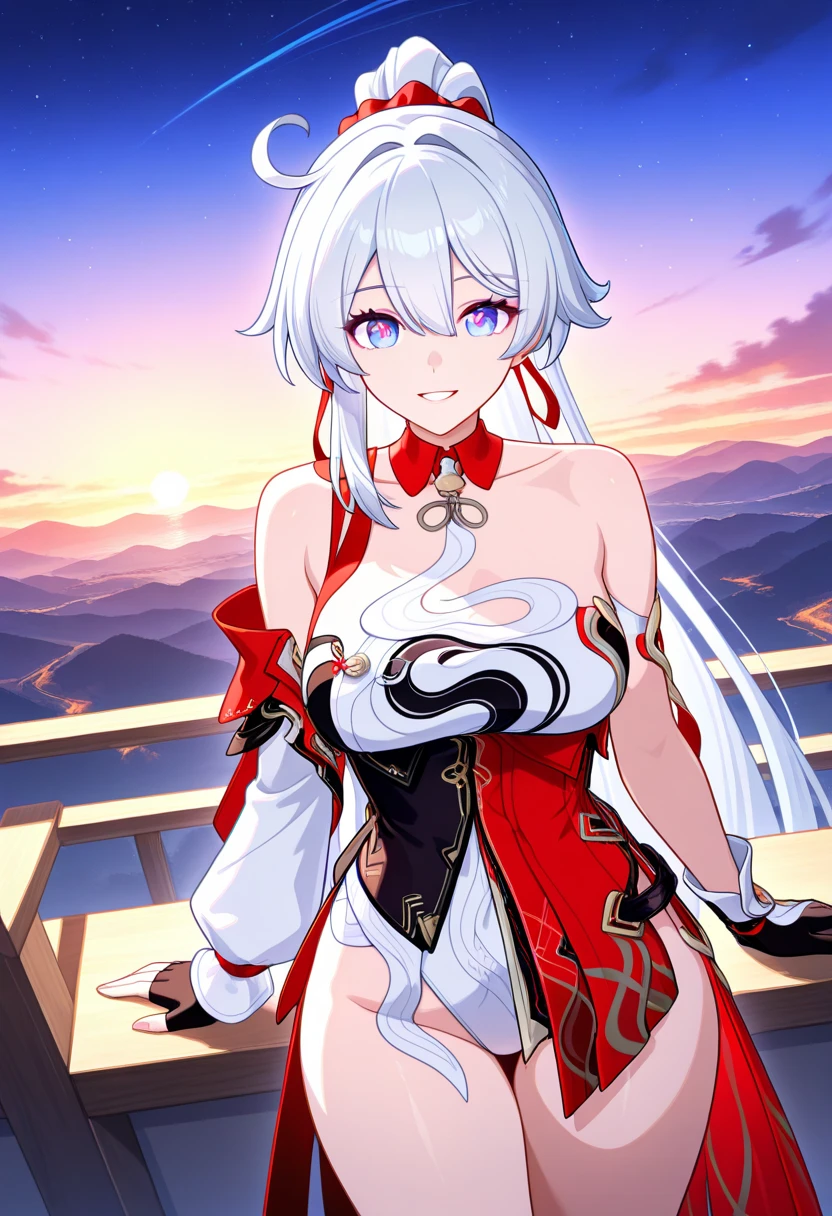 RAW photos, Camera gaze, ((Top quality, 8K, Masterpiece: 1.3)), Sharp focus: 1.2, Nice feature, Best Smile, Cute smile, Beautiful Woman with Perfect Style: 1.4, Slender: 1.2, White color hair, (Natural light, the city street: 1.1), Highly detailed face and skin texture, Detailed eyes, Double eyelids,Shining with God's eyes:8,Place one hand on your chest,The other hand naturally droops
