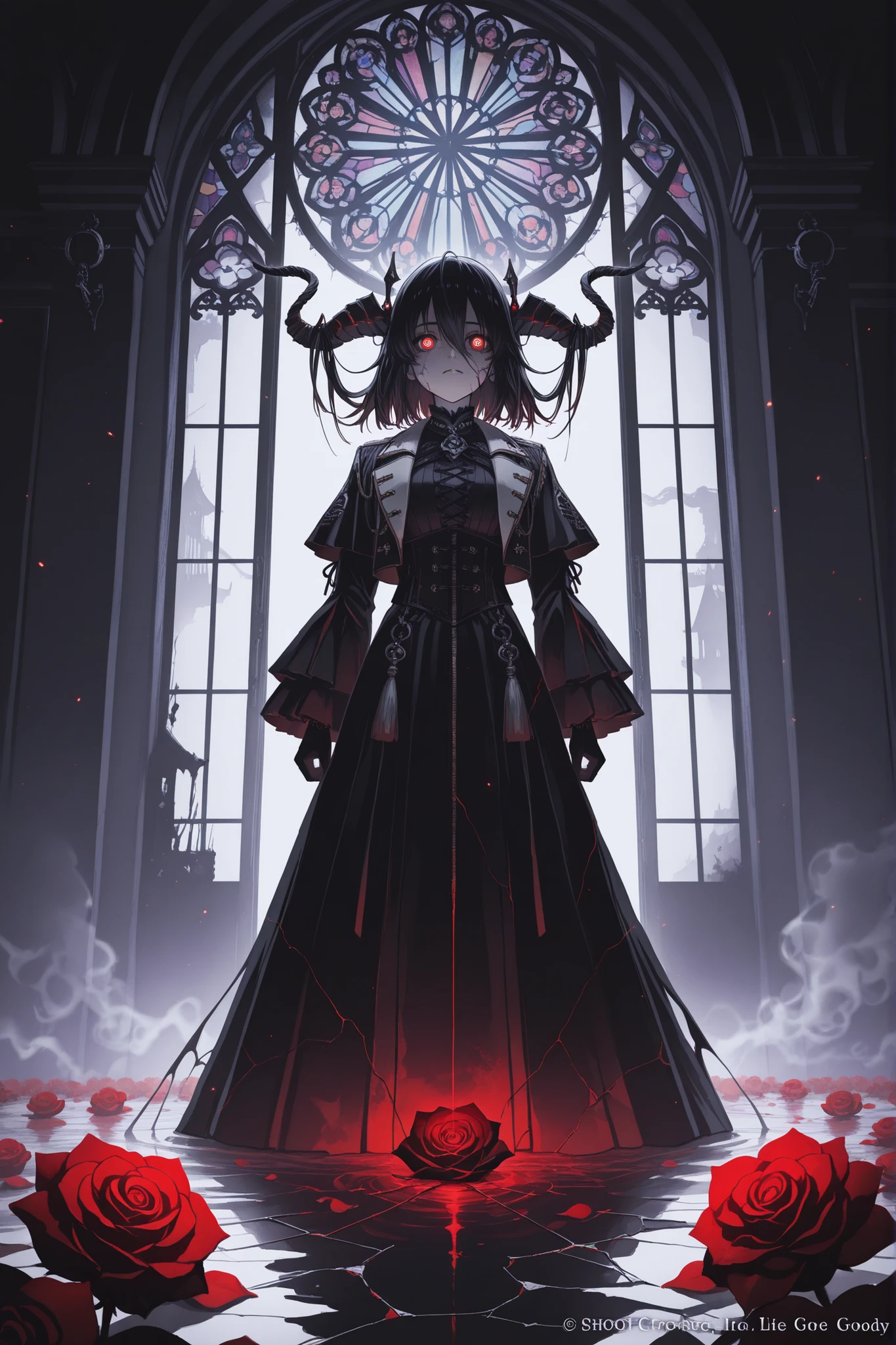 Masterpiece, ultra-detailed, album cover art, cinematic lighting, atmospheric mist, gothic decay, dark ambient, ghostly — A male marionette-like figure stands in the doorway of a house made of swirling smoke and ash, mid-collapse. His skin is cracked porcelain, with sorrowful glass eyes reflecting faded light. He wears a ceremonial coat, torn and embroidered with broken symbols. Around him, shattered stained glass floats in the air, glowing faintly. Ghostly crows rise above a scorched rose garden. Behind him, a broken piano smolders, its wires unraveling like veins. The environment is foggy, emotionally heavy, and surreal. Dramatic backlight, ambient fog, smoke particles, cinematic atmosphere, tragic tone, emotional storytelling.