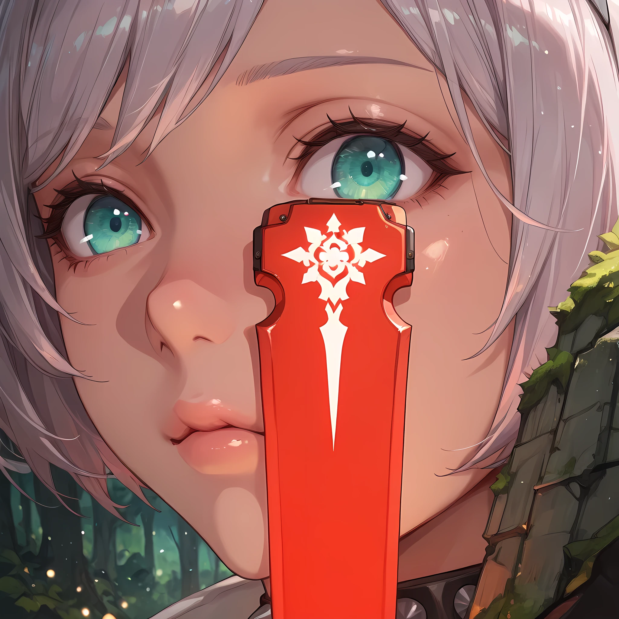 (Peeking angle, close-up), ((masterpiece, best quality, ultra realistic, rich facial details, rich scenery details, full HD, 8k):1.2), cinematic composition, DSLR 85mm lens, shallow depth of field, volumetric light:1.05, god rays:1.05, firelight:1.2, ambient light:1.05, glow:1.2, lens flare:1.2, {Elphelt Valentine from Guilty Gear}(a female knight standing in a foggy enchanted forest, holding a glowing sword, moss-covered ruins behind her), detailed textures, bokeh, atmospheric haze.
