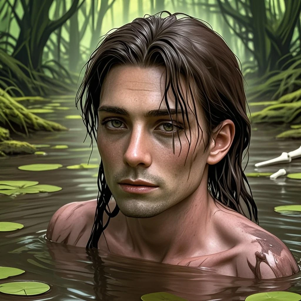 (((Pre-Raphaelite Celtic painting: The man covered with leaves bathes in the healing waters of a sacred spring, Floresta encantada, paisagem irlandesa)))