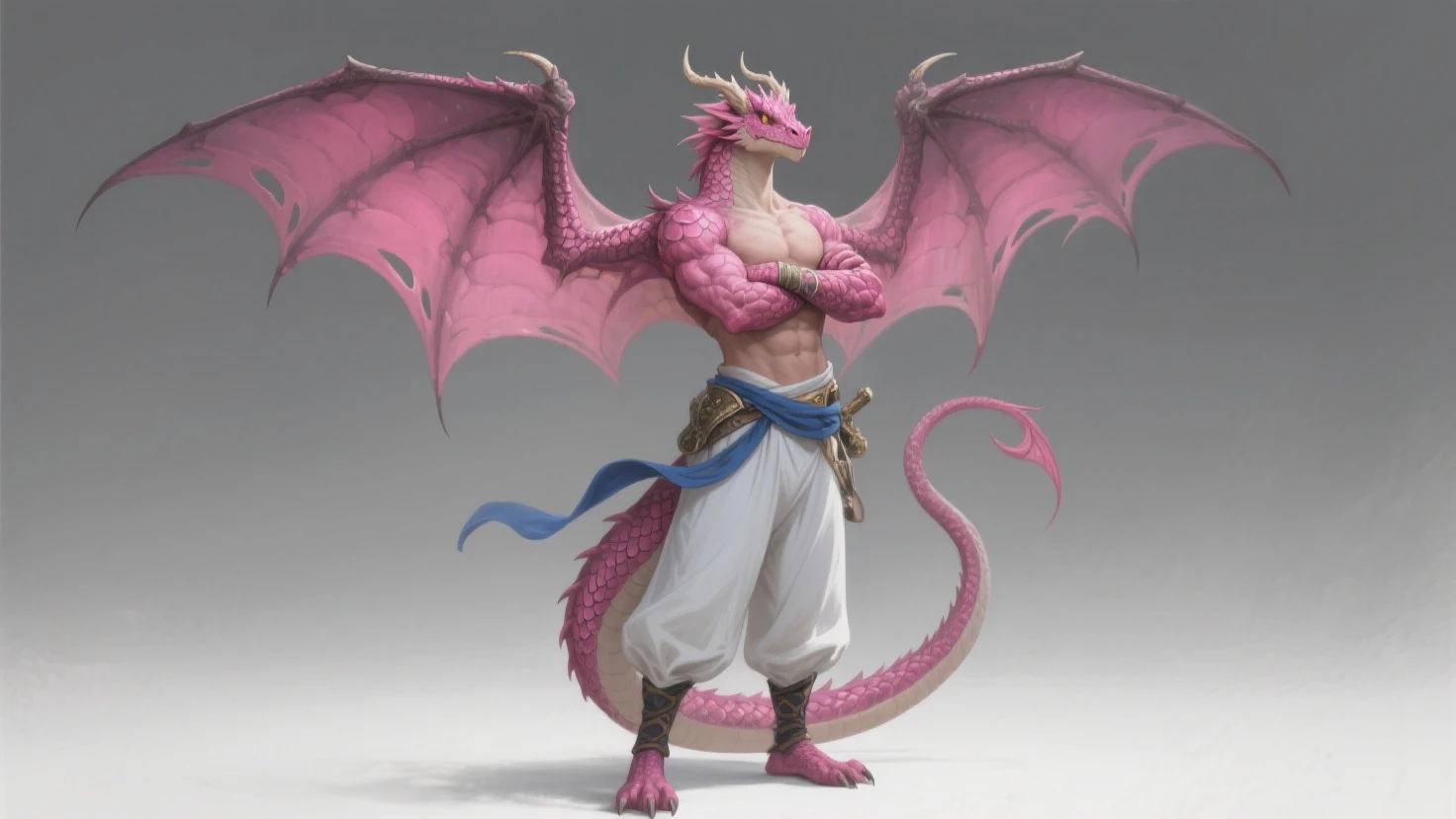 masterpiece,best quality,8k resolution,Very detailed,hairy,((Red Dragon Man)),muscle,(((blonde))),Strong,超大muscle, ((Golden Eyes)),portrait,((Shirtless)),((Simple background)),((solitary)),(((red wings))),(((Loincloth))),(((Crotch bulge))),(((Red scales))),(((The hair at the end of the tail))),(((Blue stripes on arms and chest))),(((There are two layers of head angle))),(((Hair under the head))),(((Nose angle))),(((There is a gold ring on the tail)))。(((Feather)))