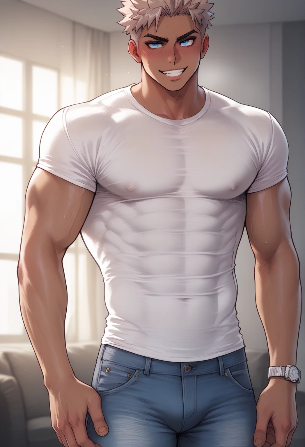 (handsome Man),(Thin mustache:1.1),(crew cut short hair:1.5),black eye,
(navy blue tight-fitting round neck short sleeve T-shirt:1.3),(Police badge:1.3),navy blue cargo pants,(navy_gloves:1,3),
Korean guy,chest muscles,large arm muscles,blood vessel,Big muscles,Broad shoulders,(open mouth:1.2),(face up:1.2),(open eyes:1.5),middle of the road,smile,(water park:1.4),