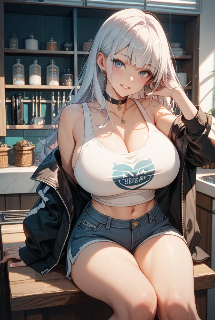 Big breasts, 1girl, ((white hair)) ((wolf girl)) blue eyes, has an extremely sexy body, with full breasts and a thin waist, and a sexy body, lace top strap short short jeans stylish, has an appearance young. young, quality, realistic, best quality, cute expression, distracted looking out the window, diner, having milkshake, mid-side angle